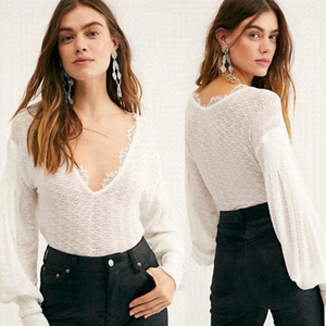 NWT Free People Dreamgirl Top Ivory White Knit Lace Size Large Bohemian New Boho